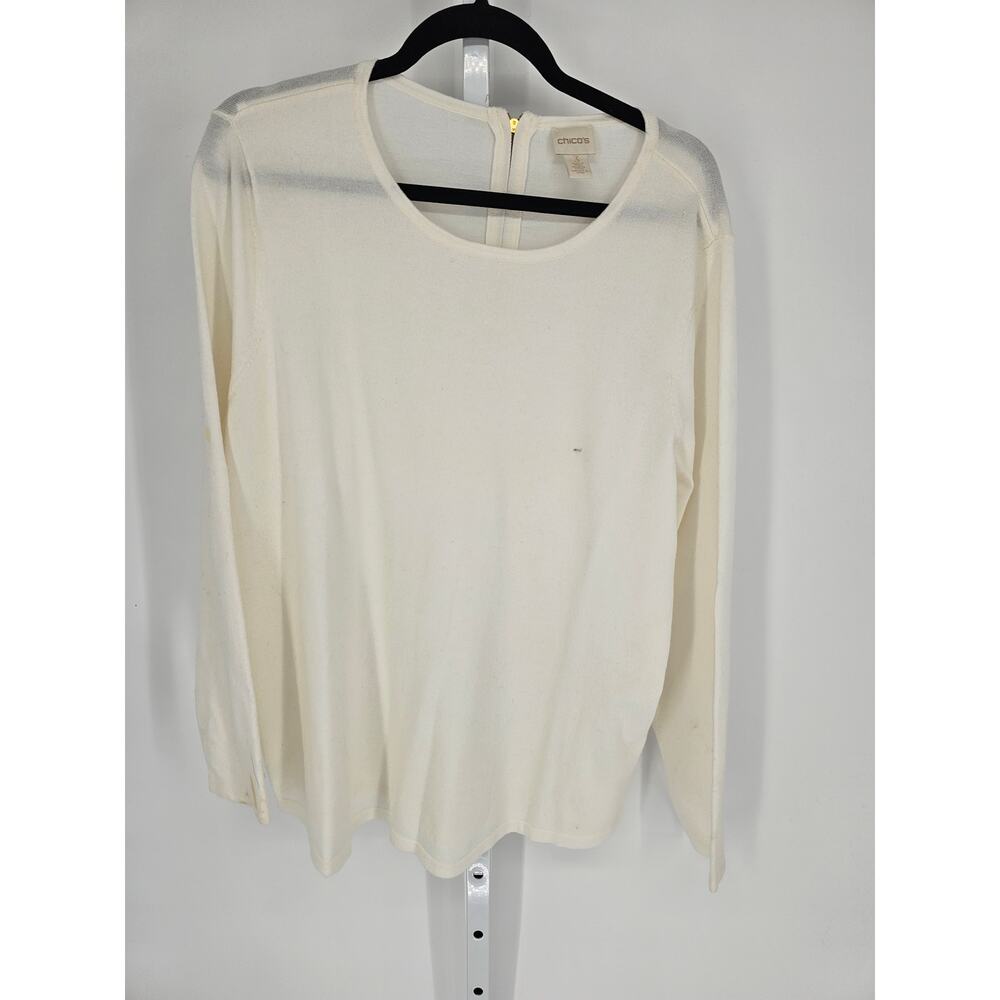 Chico's Women's White Back-Zip Long Sleeve Crewneck Sweater Size 3